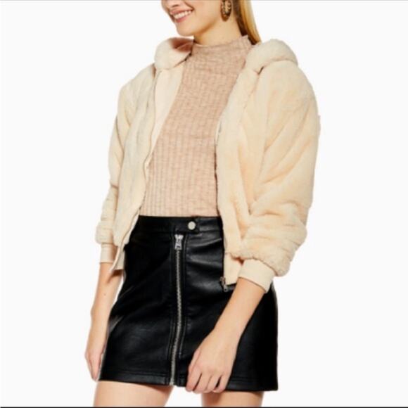 Topshop Faux Mink Full Zip Jacket Hoodie w Pockets in Beige Cream Women Sz Small - Picture 1 of 9